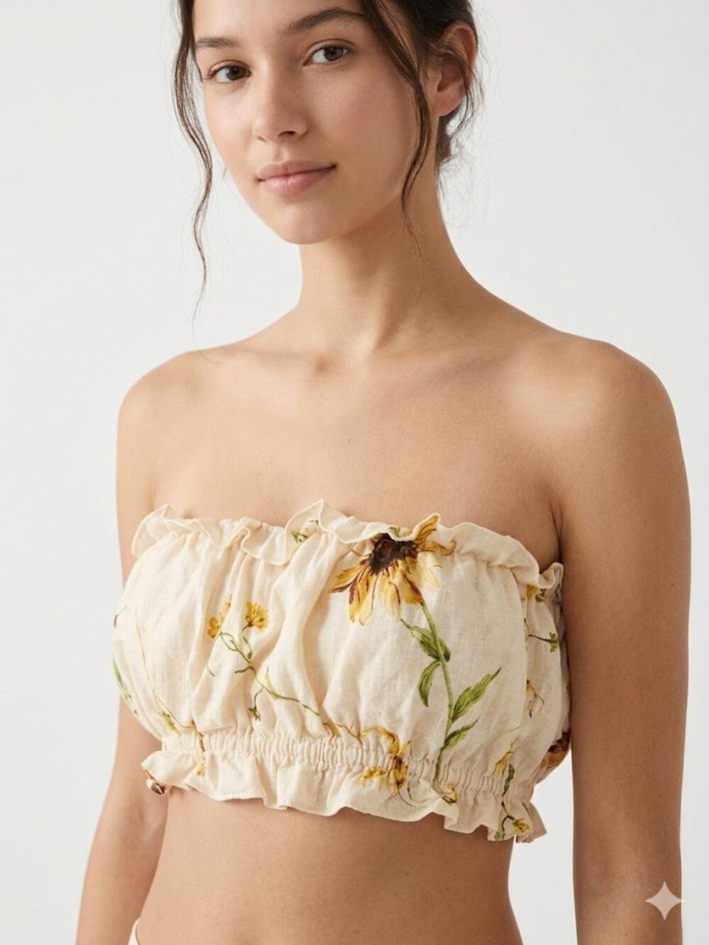 H&M Cream Sunflower Floral Off Shoulder Smocked Crop Top M/L 100% Cotton